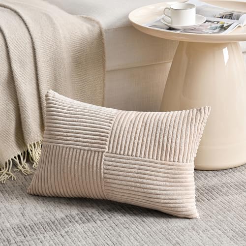 Image of Fancy Homi 2 Packs Tan Long Lumbar Decorative Throw Pillow Covers 12x24 Inch for Couch Bed Sofa, Rustic Farmhouse Boho Home Decor, Soft Striped Corduroy Rectangle Accent Beige Cushion Case 30x60 cm