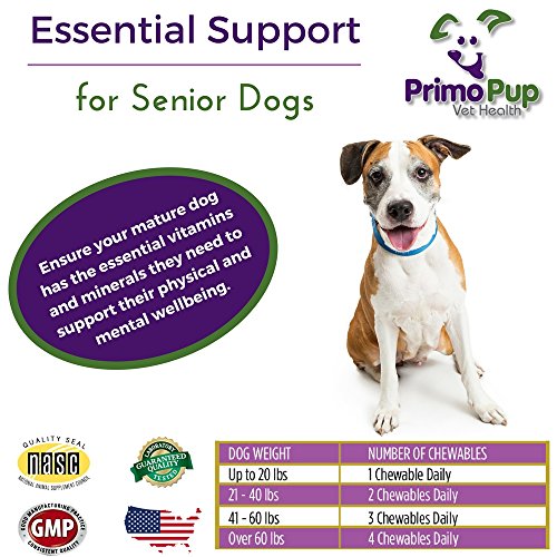 Primo Pup Vet Health - Senior Dog Multivitamin Chewables - Veterinarian Formulated For Maximum Absorption To Support Physical & Mental Wellbeing - No Artificial Colors, Flavors, Grains - 60 Count #TOP4