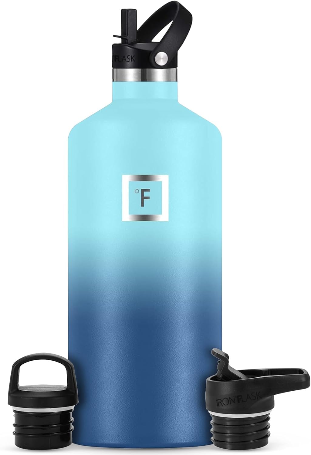 IRON °FLASK Camping & Hiking Hydration Flask with Straw, BPA-Free Insulated Stainless Steel Sports Water Bottle - 64 oz Blue Waves