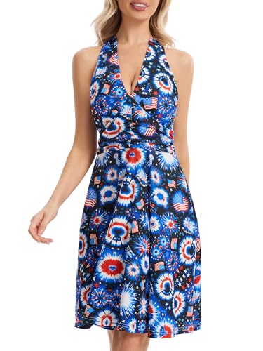Image of Women's Festival Dress- Halter V Neck Sleeveless Ruffle Mini Dresses with Pocket