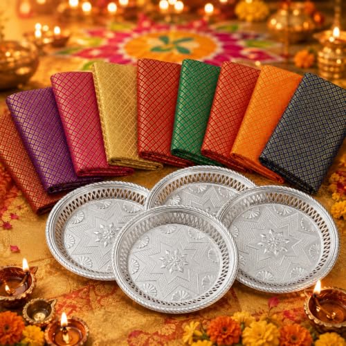 Image of Habba Blouse Piece with Decorative Silver Plate, Silk Blend Fabric & Reusable Pooja Plate, Traditional Haldi Kumkum Return Gift for Diwali, Navratri, Varalakshmi Vratham, Wedding - Pack of 5
