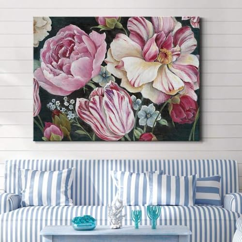 Tableau fleurs roses et blanches sur toile premium avec cadre 50x70