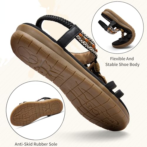 TETSUO Women Sandals Walking Flats Summer Beach Sandals Arch Support Casual Dressy Shoes for Women Elastic Ankle Strap Jeweled Bohemian Shoes4