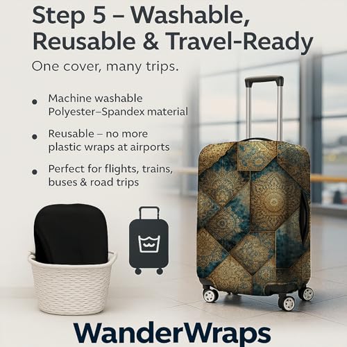 Image of WanderWraps Spendex Polyester Protective Luggage Cover | Hard Luggage Trolley Bag Cover | Washable | Dust Proof | Stretchable | S /M /L - Combo | Royal - Printedd