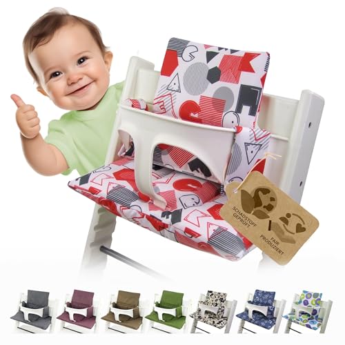 BambiniWelt Ersatzbezug Tripp Trapp – Sitzkissen-Set kompatibel, Stokke Hochstuhl, extra weich, waschbar & langlebig, 2-teiliges Kissen - Klettverschluss, Farbe: weiß rot ABC