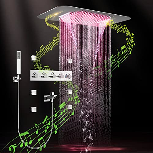 Musik Duschsystem Duschkopf , 64 Farben RGB Musik-Duschset, 580*380mm Deckenmontage Brausegarnitur Thermostat Wasserfall Regenduschsystem mit Massage Seite Spray, Handbrause, Badewannenarmatur Cover