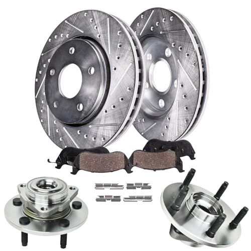 Image of Detroit Axle - Front Wheel Bearing Hubs Brake Kit for 2002-2005 Dodge Ram 1500 [Non ABS 5 Lugs] Drilled & Slotted Brake Rotors Ceramic Brakes Pads Wheel Bearing Hubs Assembly 2003 2004 Replacement