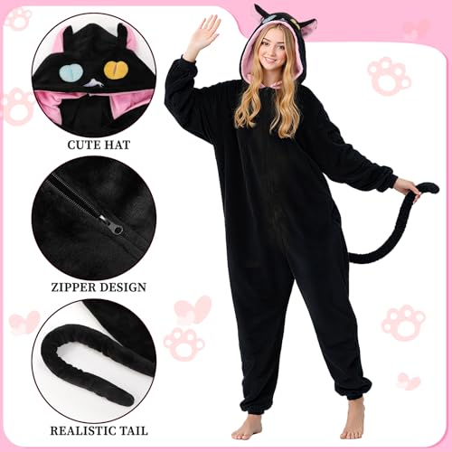Claofoc Onesie Costume de chat unisexe pour adulte Combinaison chat Pyjama une pièce avec capuche pour Halloween Carnaval, jaune, M – vue 6