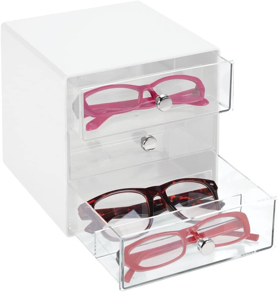mDesign Stackable Plastic Eye Glass Storage Organizer Box Holder for Sunglasses, Reading Glasses, Accessories - 3 Divided Drawers, Chrome Pulls - White/Clear