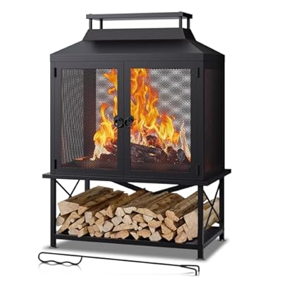 Fire Pits for Outside Wood Burning - 39" H Square Metal Outdoor Chiminea Fireplace with Grill, Mesh Spark Screen & Fire Poker, Ideal for Garden, Backyard, Patio, Party, Camping, Picnic, BBQ, Bonfire