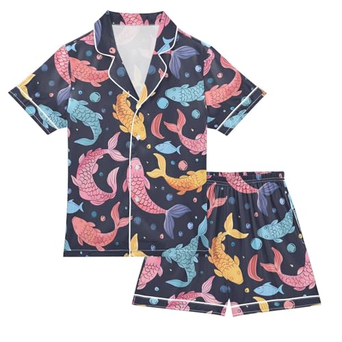 ALAZA Fish Funny Colorful Pajamas Satin Pajama Set Short Sleeve Button Down Sleepwear