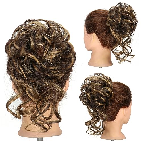 FDEETY Moños Postizos de Pelo Natural Sintético Rizado Ondulado Extensiones de Cabello Moño de Pelo Desordenado Postizos para Mujer (Castaño Amarillo)