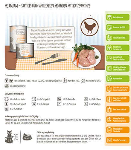 MjAMjAM - Premium Nassfutter für Katzen - saftiges Huhn an leckeren Möhrchen, 6er Pack (6 x 400 g), getreidefrei mit extra viel Fleisch