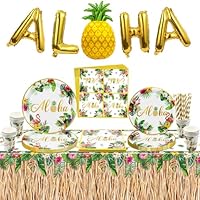 Luau Party Dekorationen, Hawaii Party Dekorationen Aloha Party Zubehör mit Pappteller, Grasrock Tischdecke, Servietten, Pappbecher, Aloha Ballon für Sommer Strand Party Hawaii Luau Party