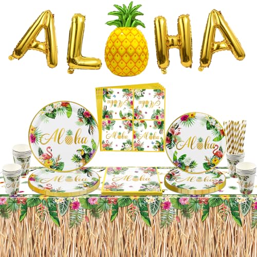 Decorações de festa Luau, decorações de festa havaiana, suprimentos de festa Aloha com pratos de papel, toalha de mesa de saia de relva, guardanapos, copos de papel, balão de loha para festa de praia