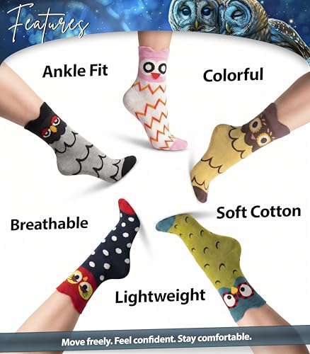 Image of Unisex Family Owl Socks - 5 Pairs Cotton Crew Socks in Gift Box for Men, Women & Kids - Fun, Colorful Owl Design, Soft & Breathable, Comfortable for Everyday Wear - US Sizes 5-8