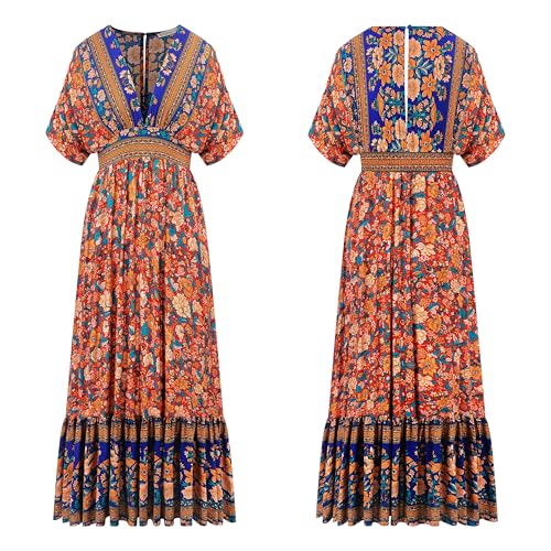 Image of R.Vivimos Women's Boho Floral Print Midi Dress with Pockets
