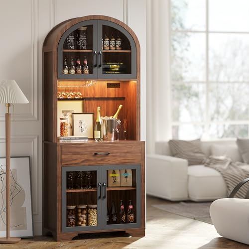 Image of 75 inch Arched Kitchen Pantry Cabinet with Charging Station & LED Light, Tall Coffee Bar Liquor Cabinet, Modern Kitchen Hutch with Microwave Stand & Adjustable Shelf for Dining Room