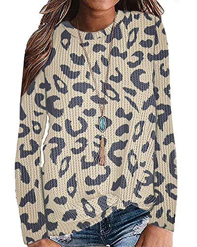 MISFAY Womens Casual Top Long Sleeve Cute Twist Knot Waffle Knit Shirts Tops (L, Khaki Leopard)