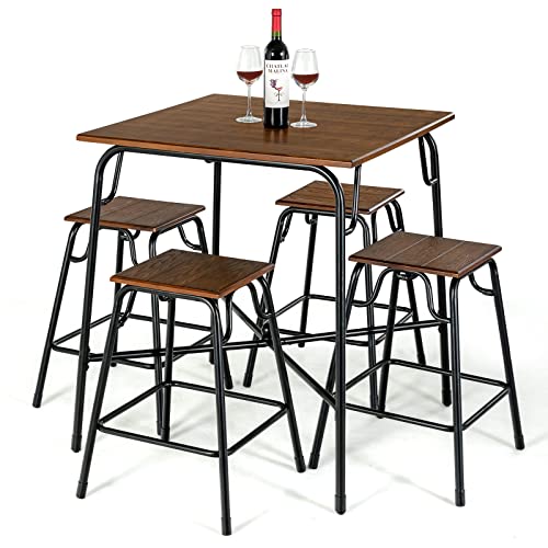 COSTWAY 5-Piece Dining Table Set, Counter Height Bar Table and 4 Stools with Footrest, Metal Frame Space Saving Breakfast Dining Furniture for Kitchen Pub Living Room