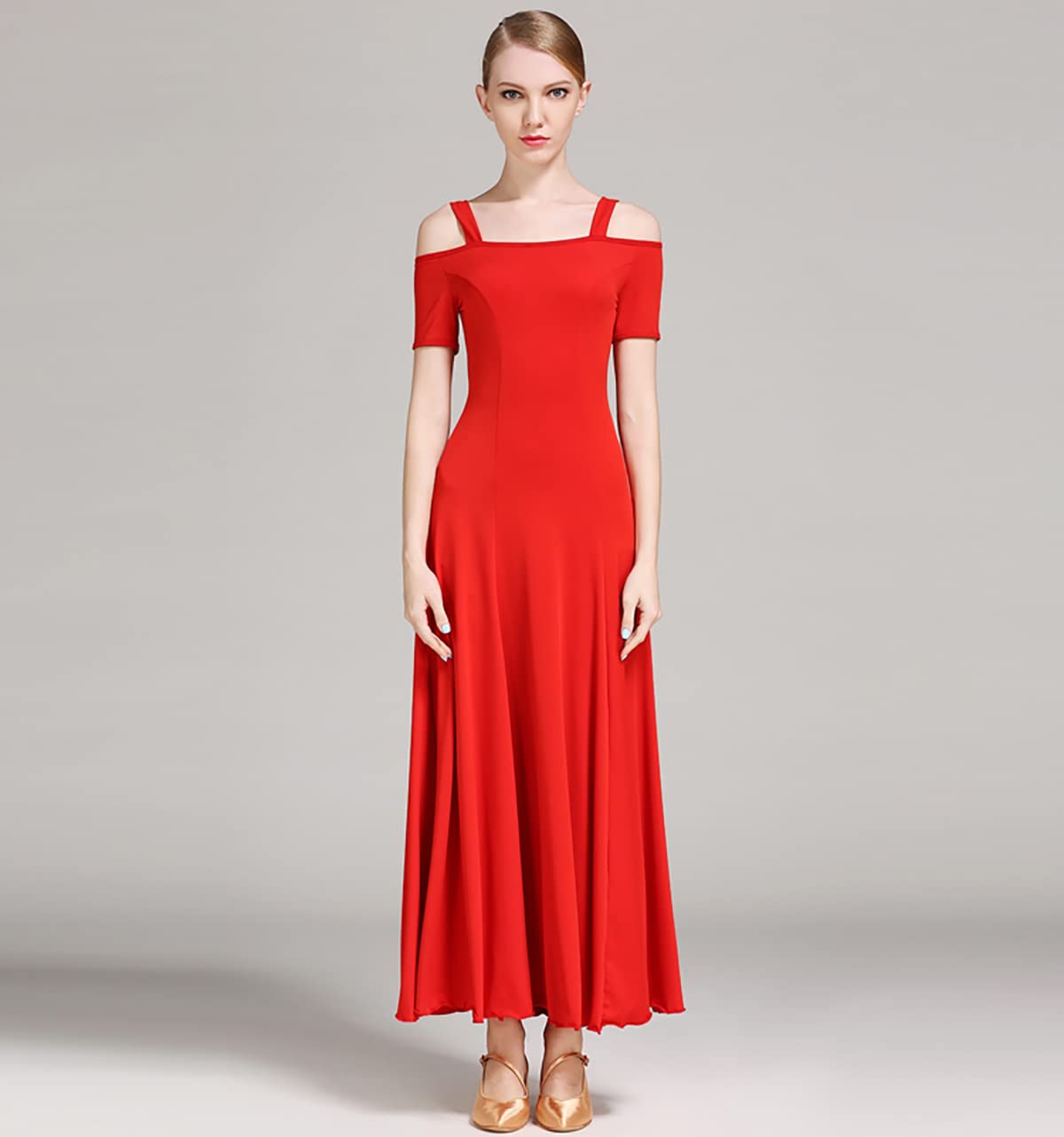 Kobieta? moda seksowna sukienka na ramię solidna długa sukienka na imprezę elegancka sukienka nowoczesna walc ubrania do tańca balowego taniec duża spódnica swingowa odzież performance (XXL, czerwona)