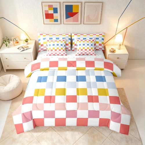Image of Feelyou Multicolored Checkered Retro Comforter Set with Sheets 7 Piece Full Size Geometric Cute Bed in a Bag Kids Boys Girls Colorful Bedding Set Modern Groovy Aesthetic Bedroom Decor Breathable Soft