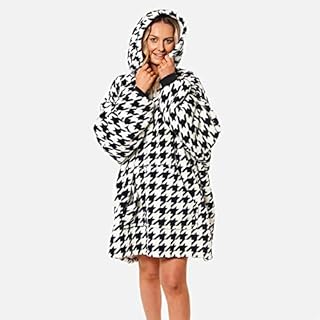 Dreamscene Houndstooth Oversized Hoodie Blanket Sweatshirt with Sleeves and Pocket Soft Sherpa Fleece Throw Cosy Wearable Hooded Jumper for Adults Men Women UK - houndstooth black and white