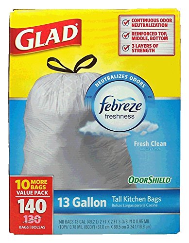 Glad 13 Gallon Odor Shield Tall Kitchen Trash Bags, 140 Count