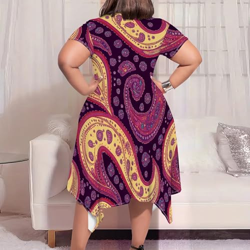 Image of Womens Summer Plus Size Crewneck Midi Dress Short Sleeve High Waist Dresses A Line Smocked Sundress with Pockets