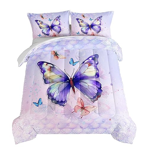 HOSIMA Butterfly Queen Comforter Set with 2 Pillowcases,Mandala Butterfly Bedding Sets for Girls Teen Women Room Decor,Purple Butterfly Comforter for Queen Size Bed,College Dorm Essentials for Girls.