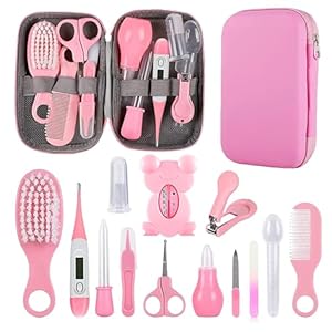 Baby Grooming Kit, Infant Safety Care Set with Hair Brush Comb Nail Clipper Nasal Aspirator,Baby Essentials Kit for Newborn Girls Boys (Pink Baby Grooming kit)