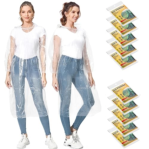 MOKANI Regnponcho för vuxna, 10-pack poncho vattentät, engångs lätt regnponcho med dragsko huva för kvinnor och män, genomskinlig nödsituation regnrock för camping, vandring, klättring