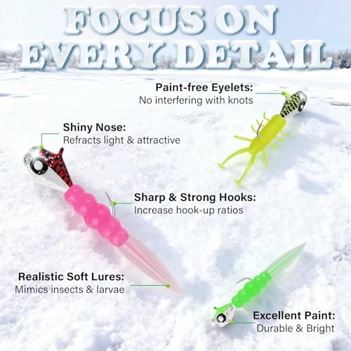 LUCKYFISHING Tungsten Ice Fishing Jigs Ice Fishing Lures Glow in Dark 1/15oz(1.9g) Crappie Lures for Panfish Walleye Crappie Fishing Gift 60pcs Ice Fishing Kit by LUCKYFISHING - Used condition - Image 4