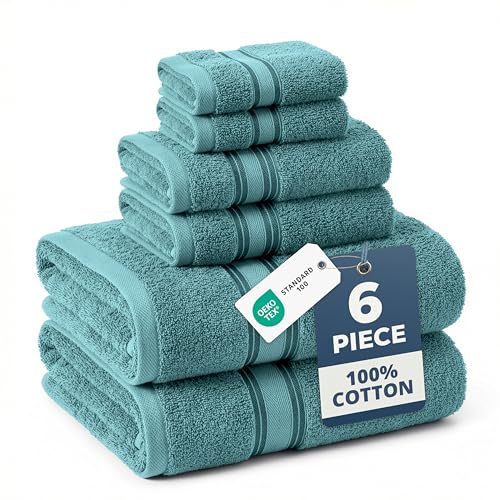 Image of Lane Linen Luxury Bath Towels Set - 6 Piece, 100% Cotton, Zero Twist, Quick Dry, Absorbent, Super Soft 2 Bath Towels, 2 Hand Towels, 2 Wash Cloths: Teal