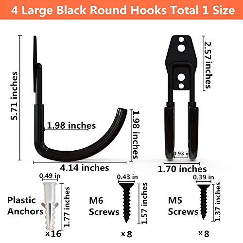 Yisunnan Heavy Duty Garage Storage Utility Double Hooks, Wall Mount Tool Holder Organizer With Anti-Slip Coating (4 Pack Black 4.2" Large Round J Hook) #TOP2