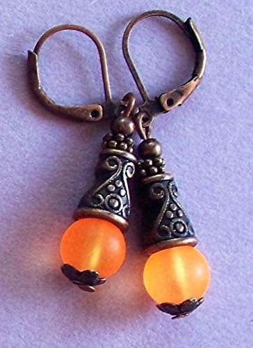 Orange Beach Glass Earring Copper Leverback Artisan Earrings For Women Set + Gift Box For Free