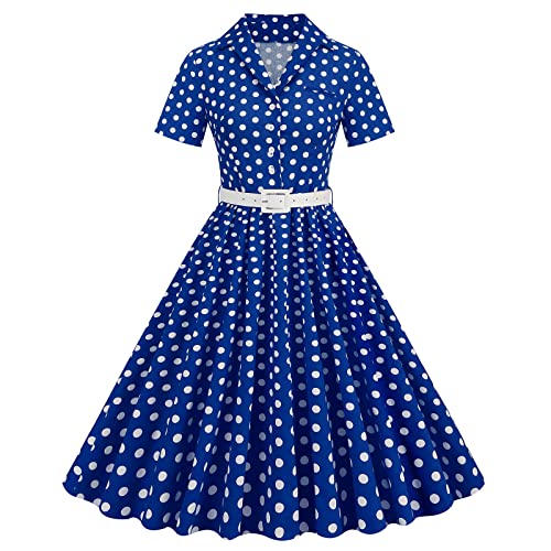 Vintage Polka Dot Dress - Royal Blue, V-Neck, Retro A-Line Midi for Cocktail, Prom, Wedding & Tea Party