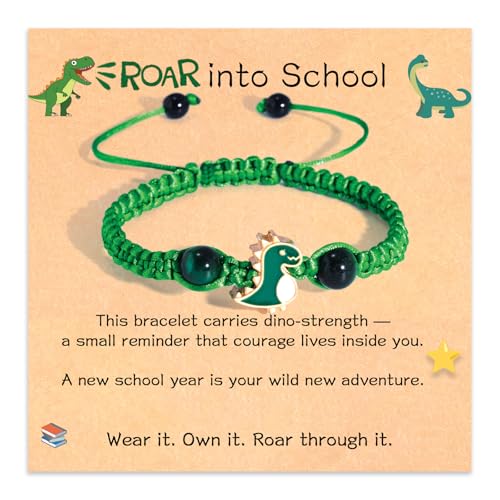 Back to School Dinosaur Bracelet,Brave Roar Adventure Wristband Gift,Green Cord Blue Bead Variants,Great Gift for Students Ready to Explore and Shine