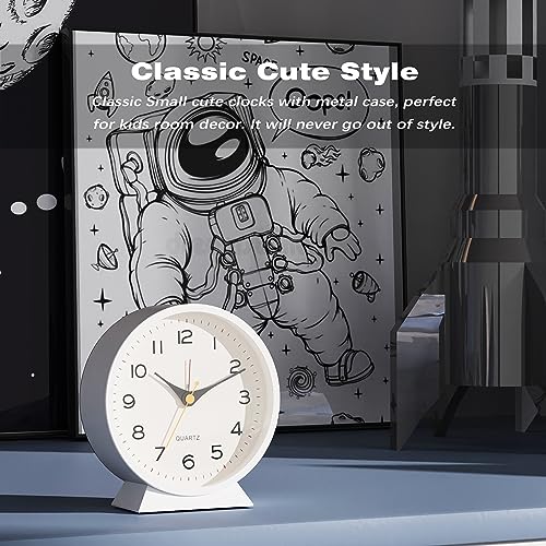 Image of AYRELY 4.5 inch Analog Alarm Clock,Small Retro Desk Clock Battery Operated,Silent Metal Table Clock with Light for Living Room Decor,Bedroom,Bedside,Shelf (White)