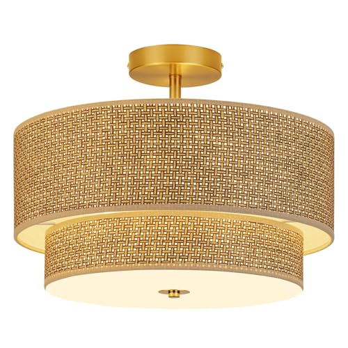 HILUXIA 16 Inch Woven Rattan Linen Semi Flush Mount Ceiling