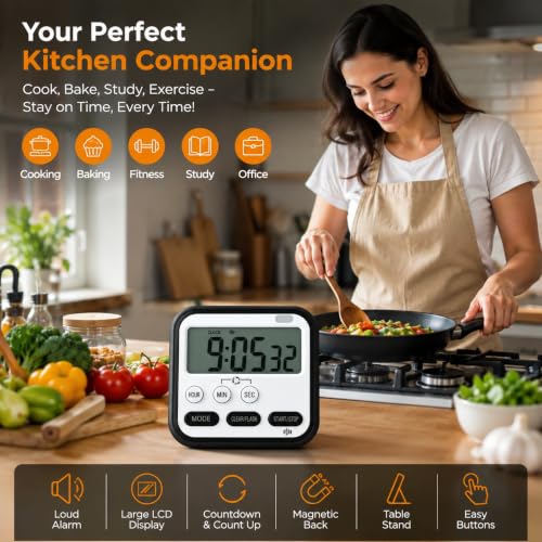 Image of Digital Kitchen Timer, Loud Alarm, Large LCD Display, Countdown Timer, Stopwatch, Magnetic Back, Foldable Stand for Kitchen, Cooking, Study & Office (Black with White)