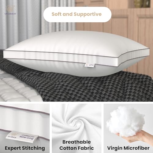 Image of MY ARMOR Gusseted Hotel Pillows for Sleeping, Down Alternative Hypoallergenic Bed Pillows Suitable for Side and Back Sleepers, Soft and Supportive, White, Pack of 2