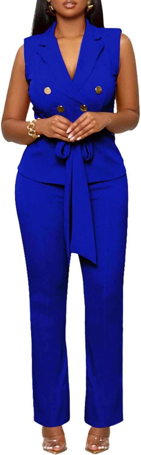 Blazer Pants Suits for Women Dressy Sleeveless Vest with Belt Wide Leg Pants 2 Piece Outfits Business Set Casual Suiting - Image 4
