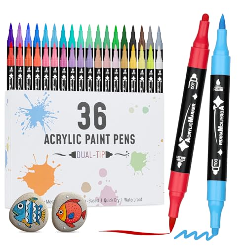VynyQoo 36 Colores Rotuladores Acrilicos, Marcadores Acrílicos, Rotuladores Doble Punta, Rotuladore Acrilicos Punta Pincel para Pintar Piedras Cristal Cerámica, Acrylic Markers para Adultos