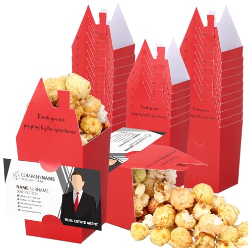 Image of Hoolerry 100 Set Open House Gift Real Estate Agent Supplies Popcorn Box with Card Holder Open House Supplies Business Gift Card Thank You for Popping by Candy Box for Estate Agent Favors(Red)