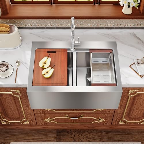 Rhbamoa 30 Inch Double Farmhouse Sink,16-Gauge T304 Stainless Steel Drop