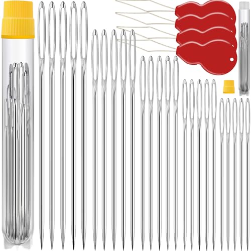 Image of 75 Pack Premium Large Eye Needles for Hand Sewing with 4 Needle Threaders, Assorted Sizes, Embroidery Needles for Hand Sewing, Sewing Needles Large Eye, Big Eye Needle
