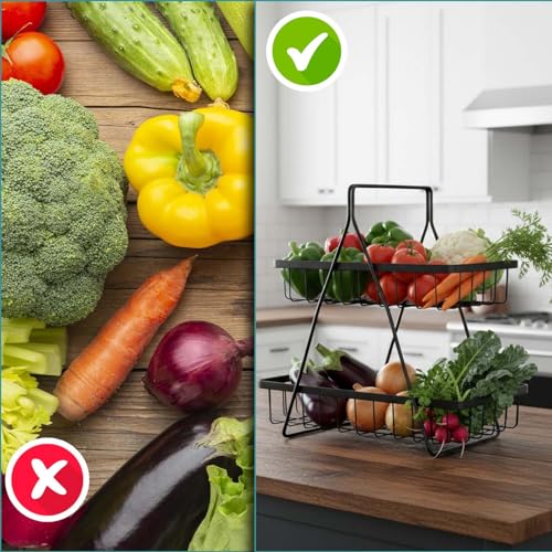 Image of Go Hooked 2 Tier Metal Fruit Basket for Dining Table | Space Saving Countertop Wire Storage Stand for Fruits, Vegetables & Bread | Multipurpose Metal Vanity & Home Organizer with Vertical Design