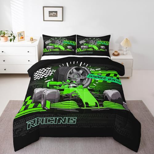 Image of Feelyou Kids Race Car Duvet Insert Queen Size, Green Racing Car Comforter Set Boys Girls for Karting Road Bedding Set Teens Bedroom Decor with 2 Pillow Case