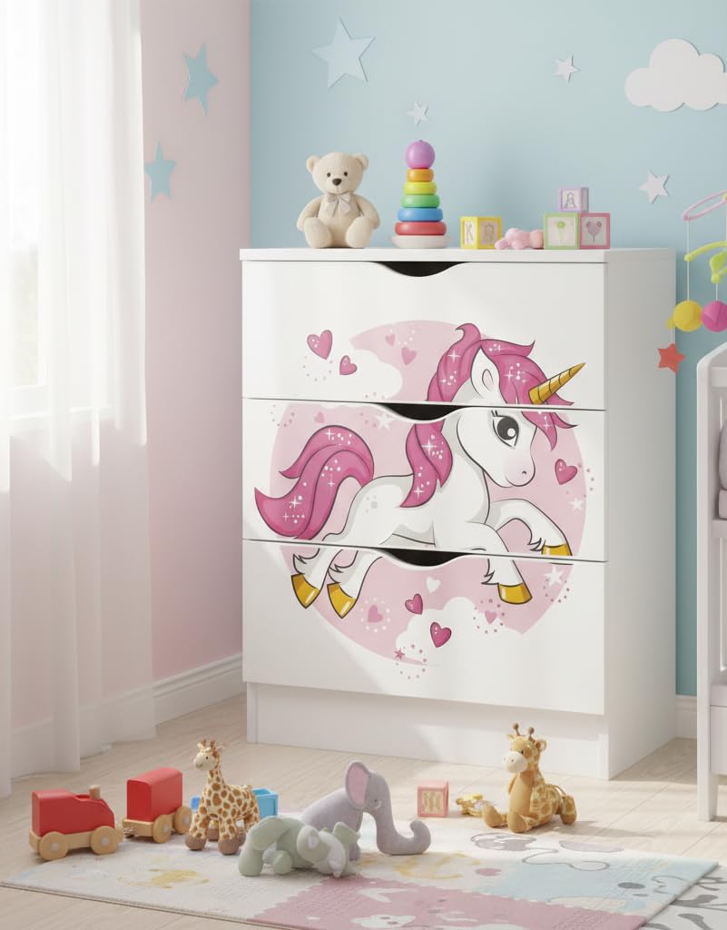 Leomark Weiß Kommode mit 3 Schubladen - Roma - Möbel für Kinderzimmer aus Holz, Schlafzimmer-Möbel (Pink Unicorn)
